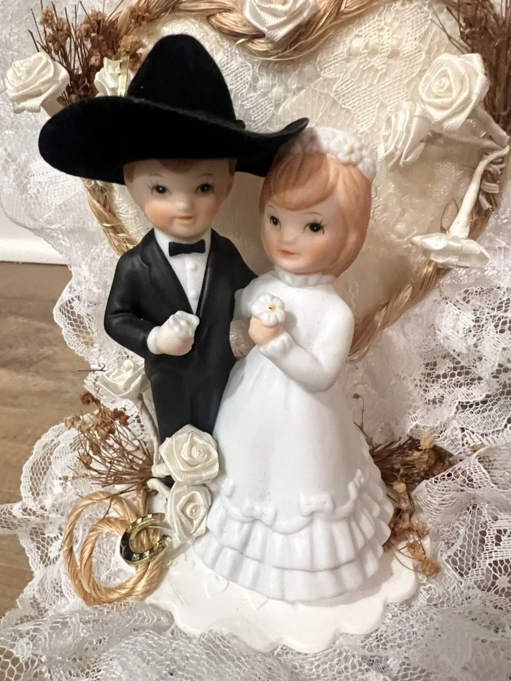 Vintage 90s Western Wedding Cake Topper Bride and Groom Figurine